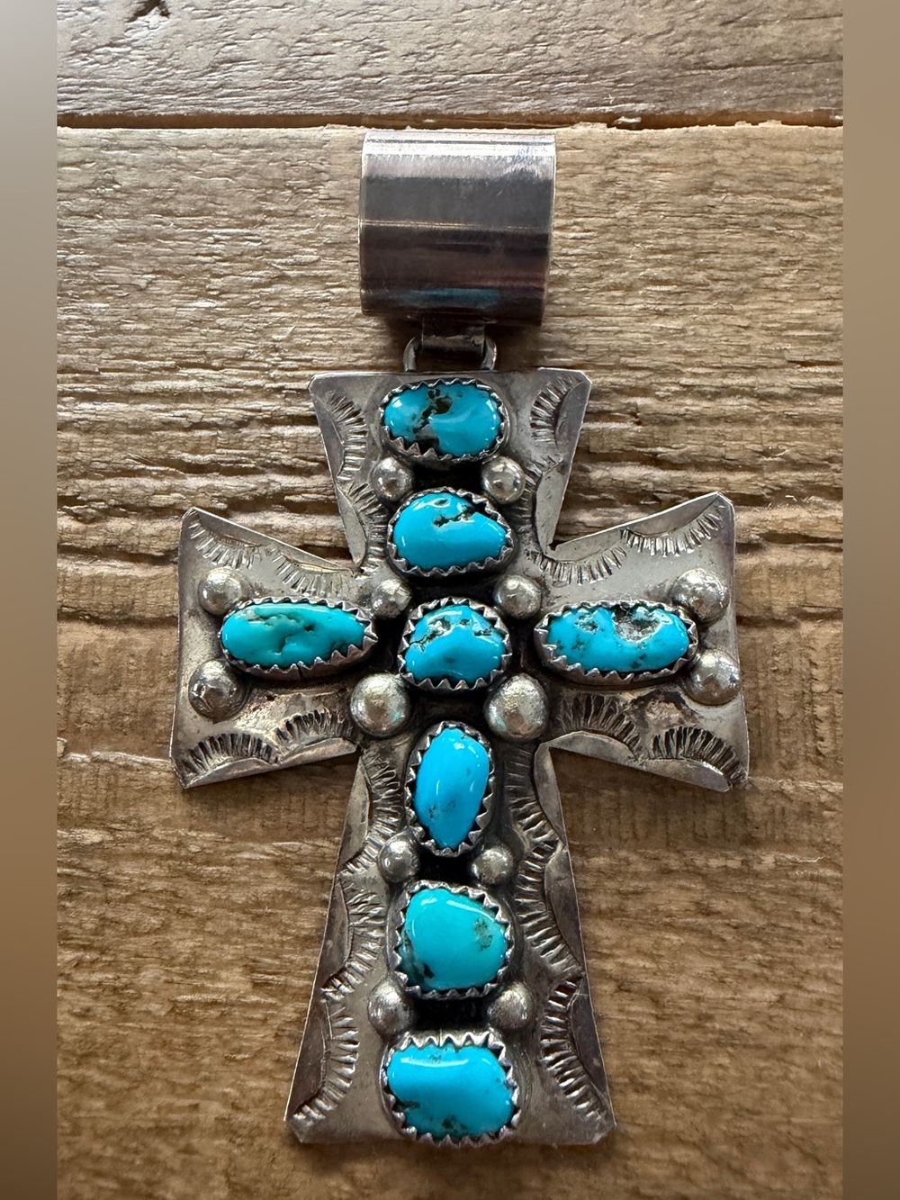 Vintage Native Sterling Silver Turquoise Cross Pendant Signed Darrell Brown